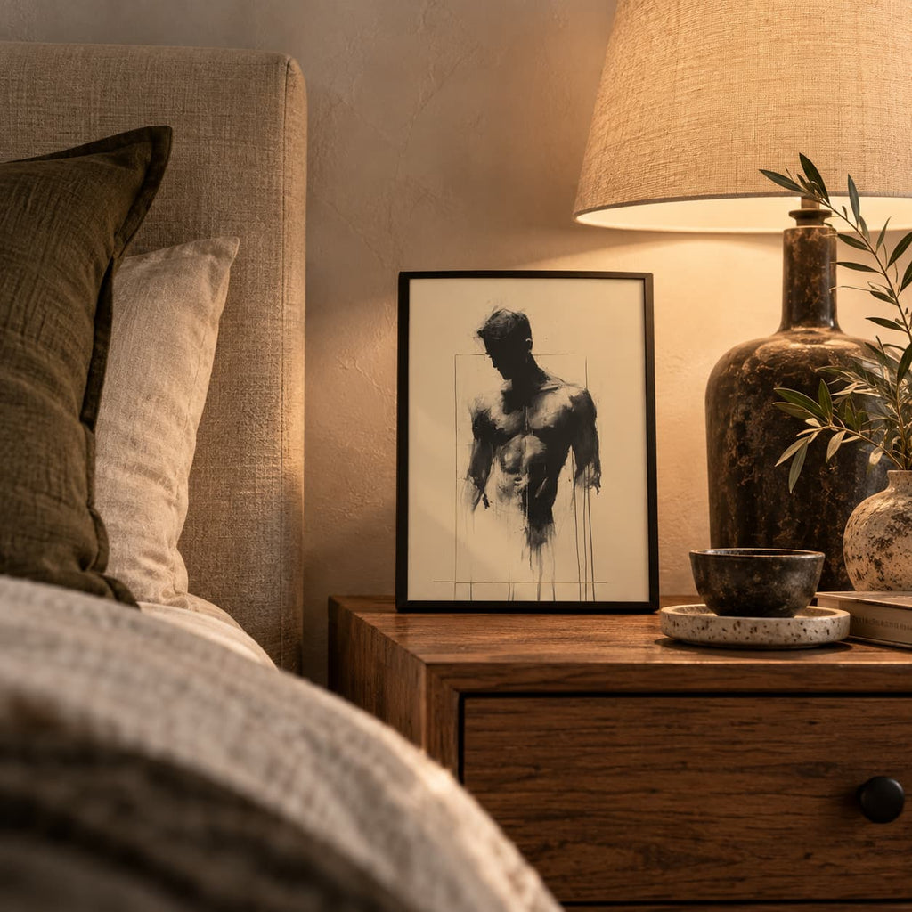 Small framed Bare Masculinity male figure print on a wooden bedside table beside a table lamp, a dark vase and an upholstered headboard.