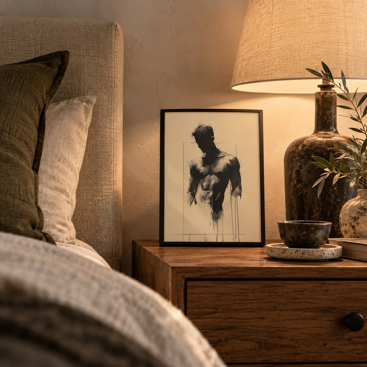 Small framed Bare Masculinity male figure print on a wooden bedside table beside a table lamp, a dark vase and an upholstered headboard.