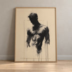 A framed vertical art print featuring a black charcoal-style sketch of a male torso on a warm cream background, leaning against a light gray wall on a light wood floor.