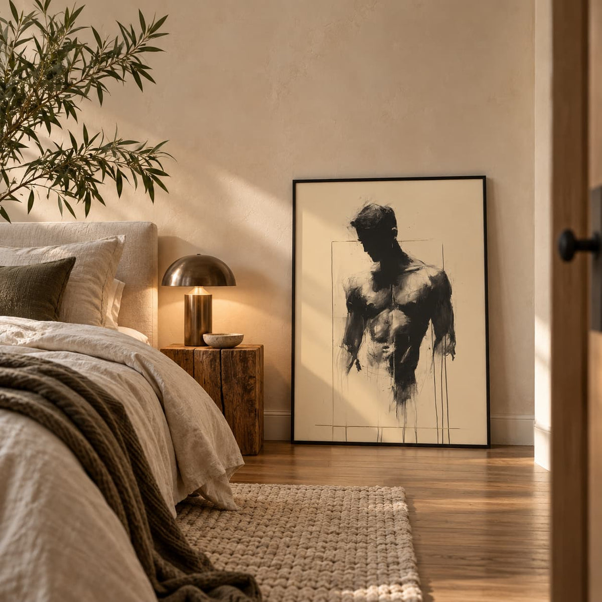 Bare Masculinity male figure print in a black frame leaning on a wooden floor in a calm bedroom beside the bed, a bedside lamp and a woven rug.