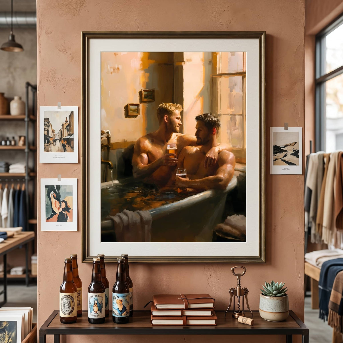 A framed art print depicting two men in a bathtub, hung on a warm terracotta wall in a styled room with other framed prints, beer bottles, and books on a table below.