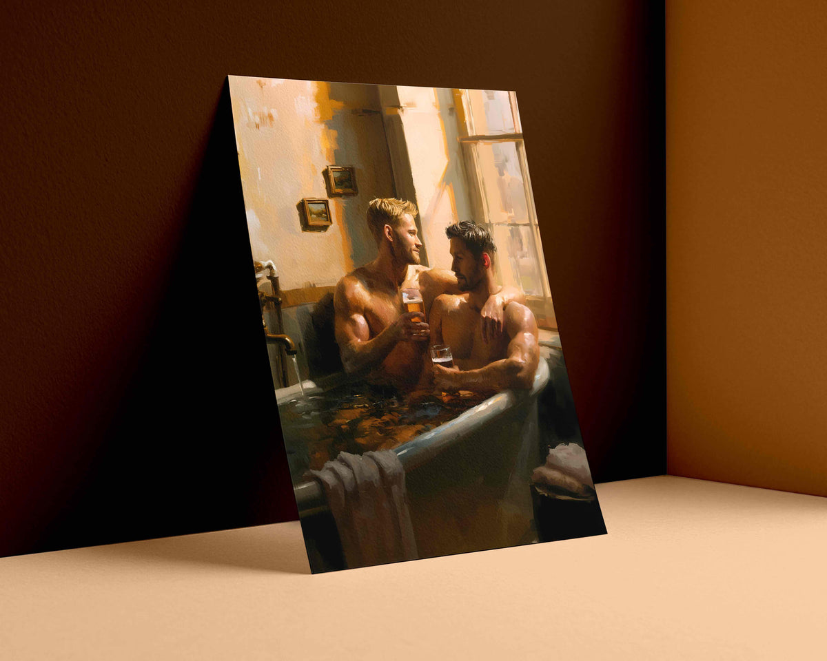 A vertical art print depicting two men in a bathtub, styled leaning against a dark brown wall on a beige surface.