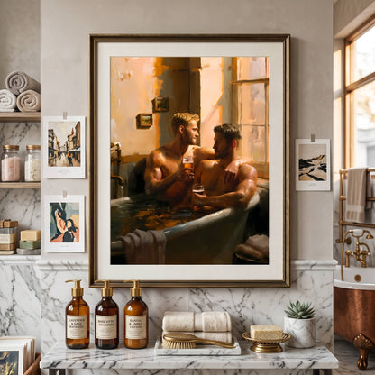 A framed art print depicting two men in a warm-toned bathtub scene, displayed on a marble bathroom wall above a vanity with toiletries.