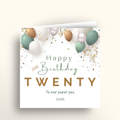 Birthday card with balloons and 'Happy Birthday Twenty' text on a light background