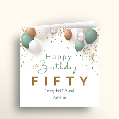 Happy 50th birthday card with balloons and confetti on a light background