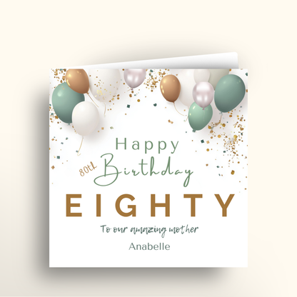 Happy Birthday Eighty card with balloons and confetti on a light background