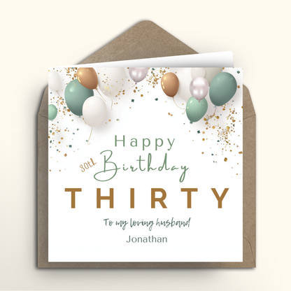 Birthday card with balloons and confetti for a thirty-year-old husband, featuring a brown envelope.