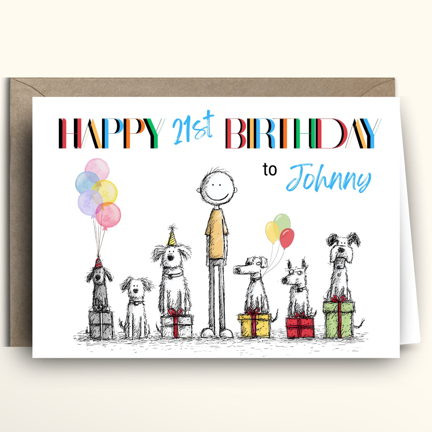 Birthday card with cartoon dogs and colorful balloons on a white background