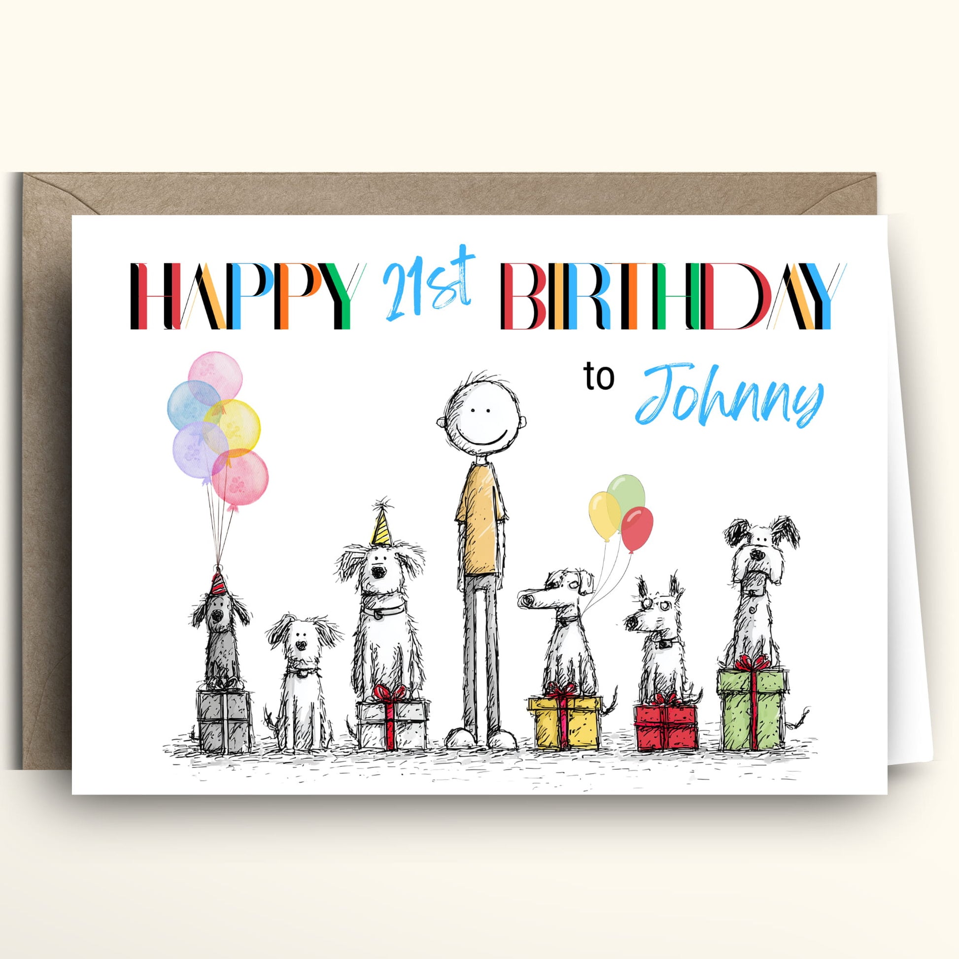 Birthday card with cartoon dogs and colorful balloons on a white background