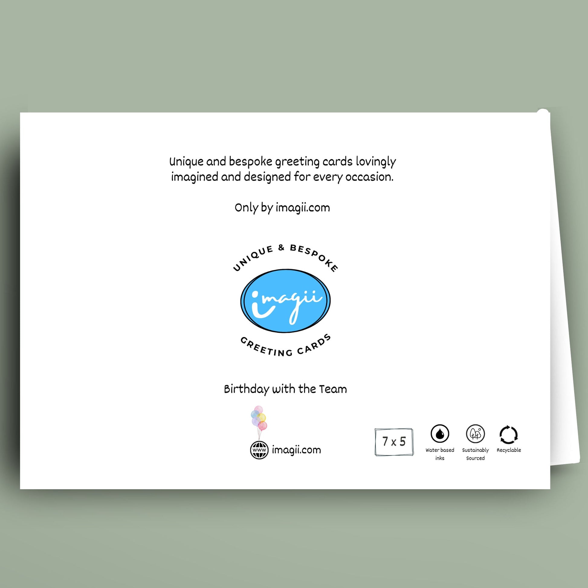 Greeting card with Imagi logo and text on a light green background