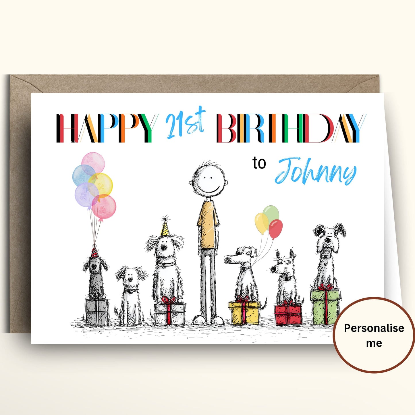 Birthday card with illustrations of people and dogs, colorful balloons, and gift boxes on a white background.