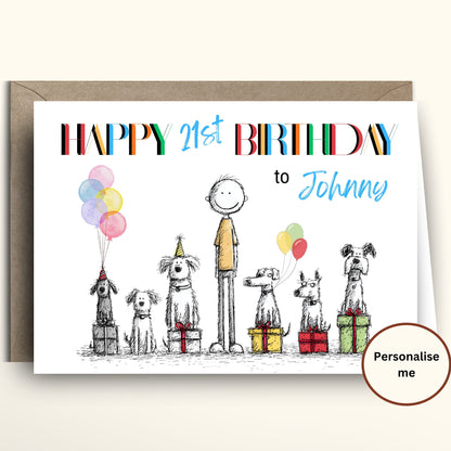 Birthday card with illustrations of people and dogs, colorful balloons, and gift boxes on a white background.