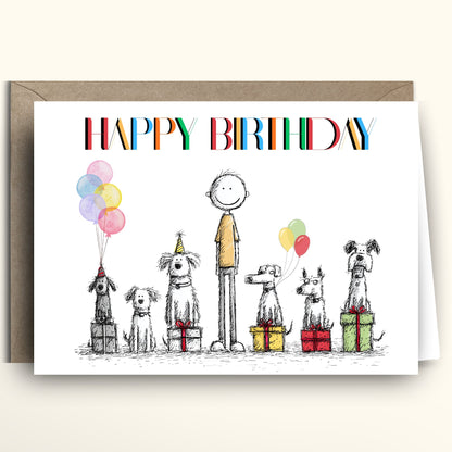 Birthday card with a cartoon character and dogs with balloons and presents on a white background.