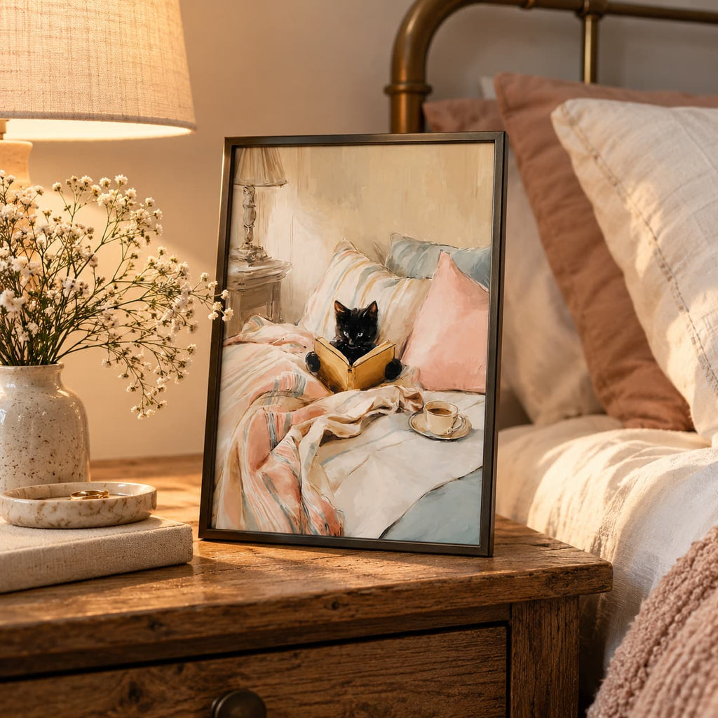 Framed black cat reading print on a wooden bedside table beside a glowing lamp and flowers, in blush pink and cream tones.