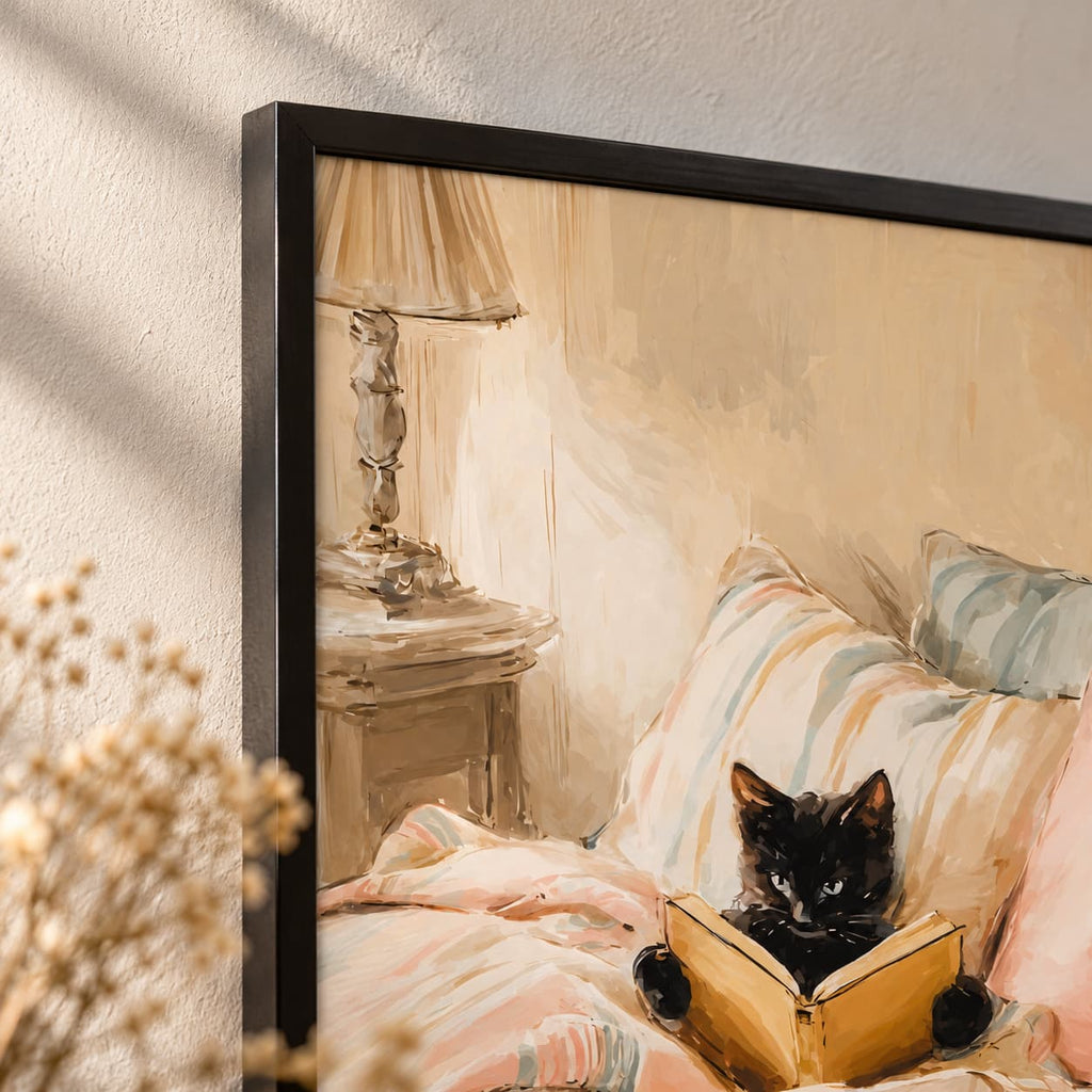 Close-up of the frame corner on the black cat reading print, hung on a textured beige wall with dried flowers in the foreground.