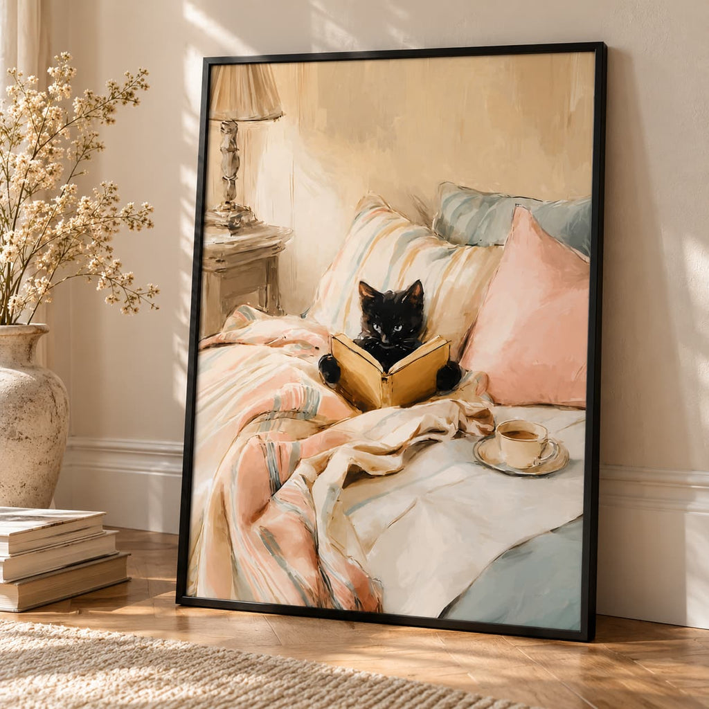 Black-framed black cat reading print leaning against a wall in a sunlit neutral room, with dried flowers and books on a wooden floor.