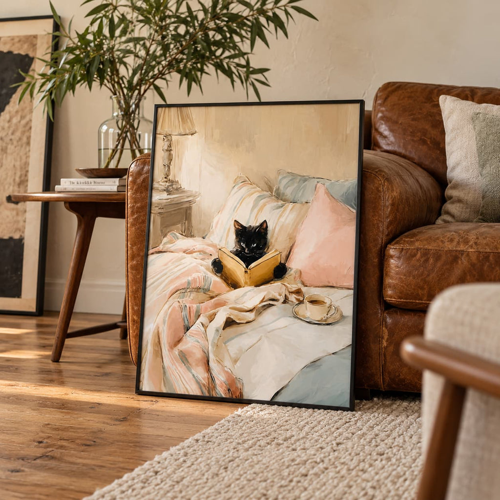 Framed black cat reading in bed print leaning against a wall in a cosy living room with a vintage leather sofa.