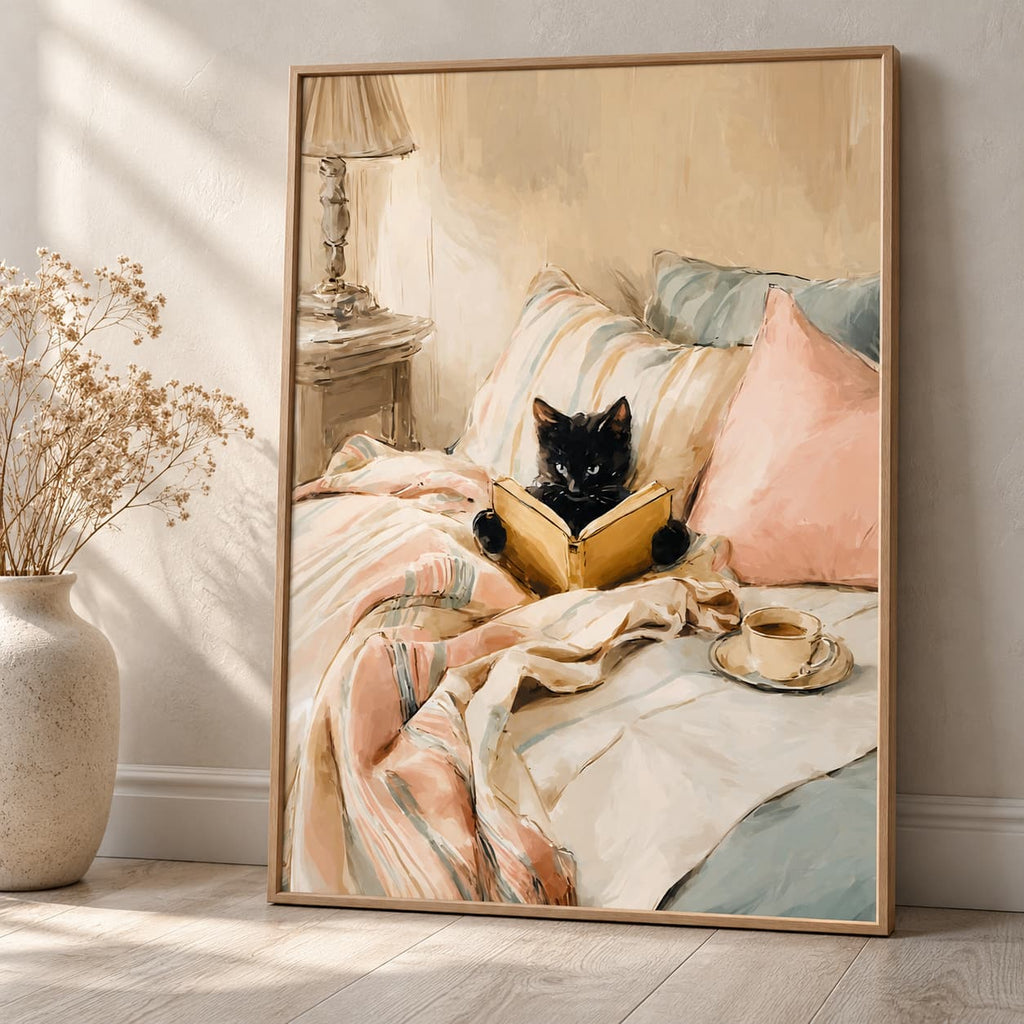 Light oak framed print of a black cat reading a yellow book in bed with blush pink, cream and blue bedding, on a light wood floor.