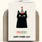 Happy Birthday Greeting card with a black cat wearing a party hat and the text 'Happy Purrr-day' on a white background.