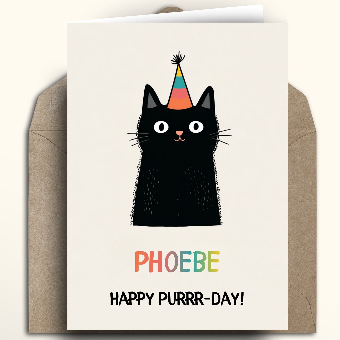 Happy Birthday Greeting card with a black cat wearing a party hat and the text 'Happy Purrr-day' on a white background.