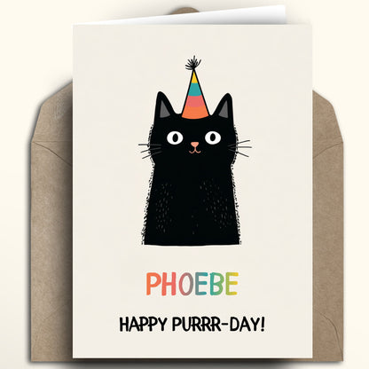 Happy Birthday Greeting card with a black cat wearing a party hat and the text 'Happy Purrr-day' on a white background.
