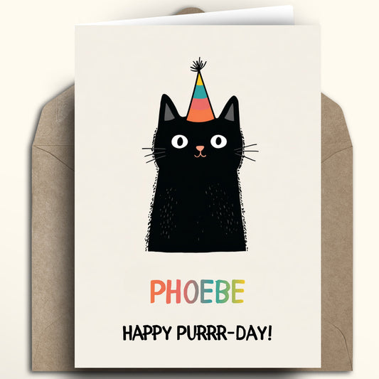 Happy Birthday Greeting card with a black cat wearing a party hat and the text 'Happy Purrr-day' on a white background.