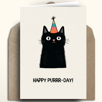Happy Birthday Greeting card with a black cat wearing a party hat and 'Happy Purrr-day!' text on a white background.