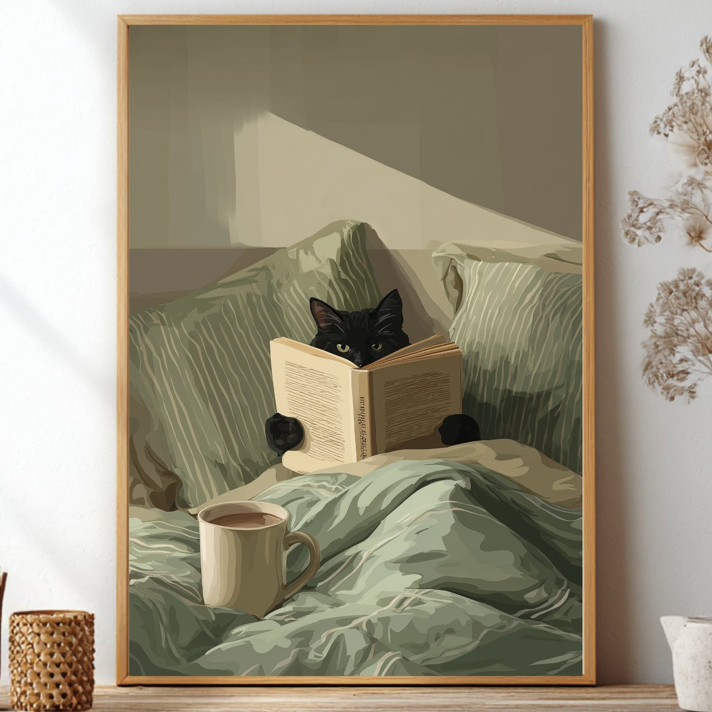 Painterly poster of a black cat reading a book in bed with sage green striped pillows, mint sheets and a cream morning mug of tea.