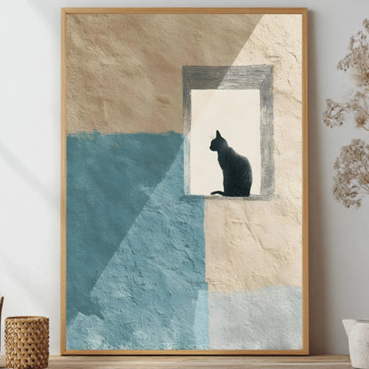 Framed wall art featuring a black cat silhouette sitting in a window-like opening against a textured beige and blue background, displayed on a shelf with dried flowers and small decorative vases.