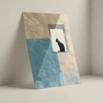 A vertical canvas art print leaning against a minimalist beige wall in a room corner. The artwork features a textured design with a black cat silhouette sitting in a window-like frame, set against a background split diagonally between cream and light blue.