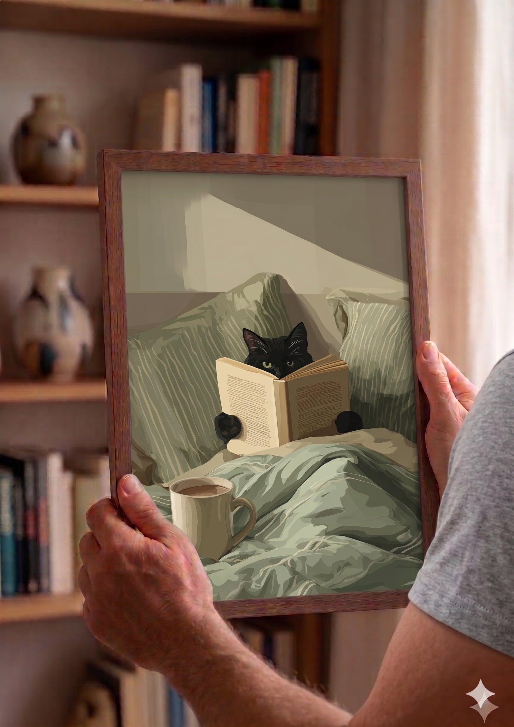 Painterly poster of a black cat reading a book in bed with sage green striped pillows, mint sheets and a cream morning mug of tea.