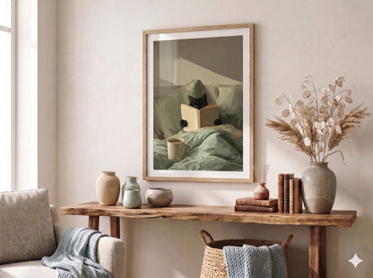 Painterly poster of a black cat reading a book in bed with sage green striped pillows, mint sheets and a cream morning mug of tea.