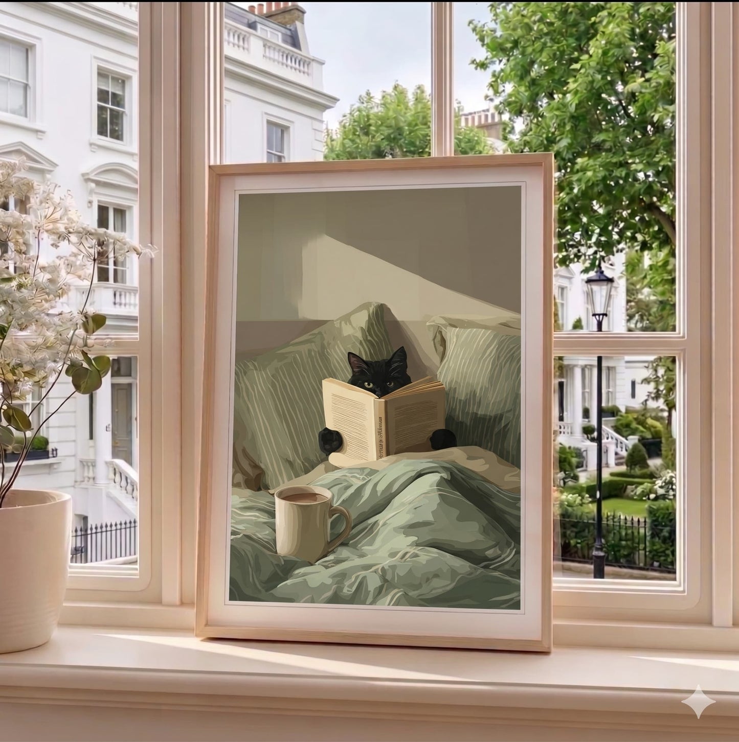 Painterly poster of a black cat reading a book in bed with sage green striped pillows, mint sheets and a cream morning mug of tea.