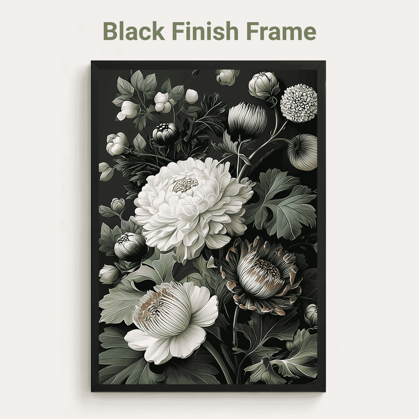 Floral artwork with a black finish frame on a white background