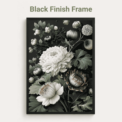 Floral artwork with a black finish frame on a white background