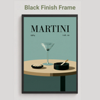 A framed art print featuring a minimalist Martini illustration with a martini glass, a small dish, and an ashtray on a table against a teal background, shown with the text 'Black Finish Frame' above it on a light gray background.