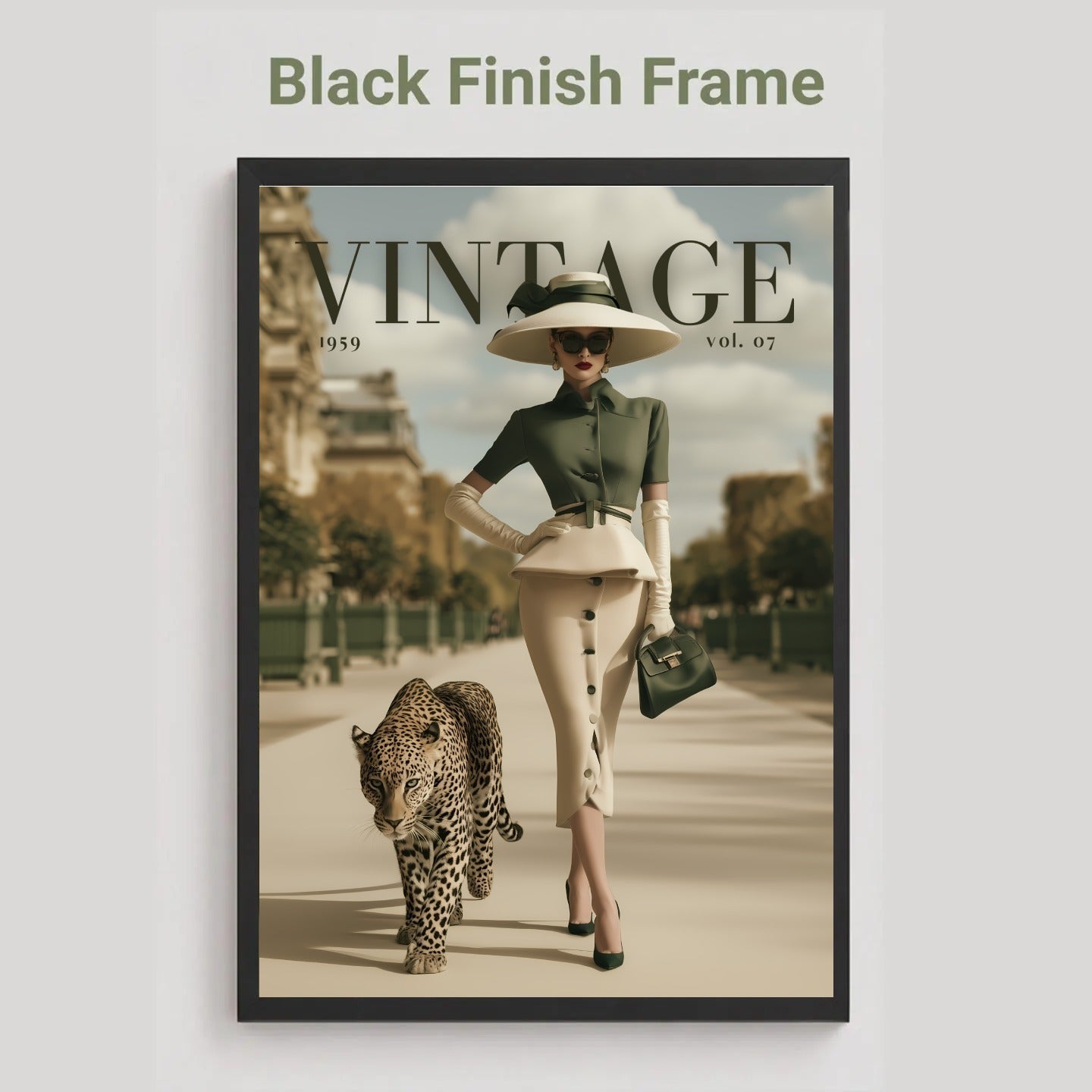 A framed vintage-style poster or magazine cover print on a light gray background, with the text 'Black Finish Frame' above it. The artwork shows a woman in a wide-brim hat and dark green outfit walking beside a leopard on a city street, with large 'VINTAGE' lettering across the top.