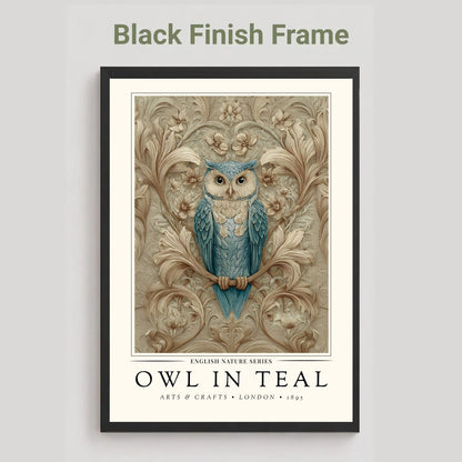 A framed art print featuring an owl perched among ornate floral motifs, with the text 'OWL IN TEAL' and 'ANGLIAN NATURALIST SERIES' below. The print is shown in a black finish frame against a light gray background, with the text 'Black Finish Frame' above.