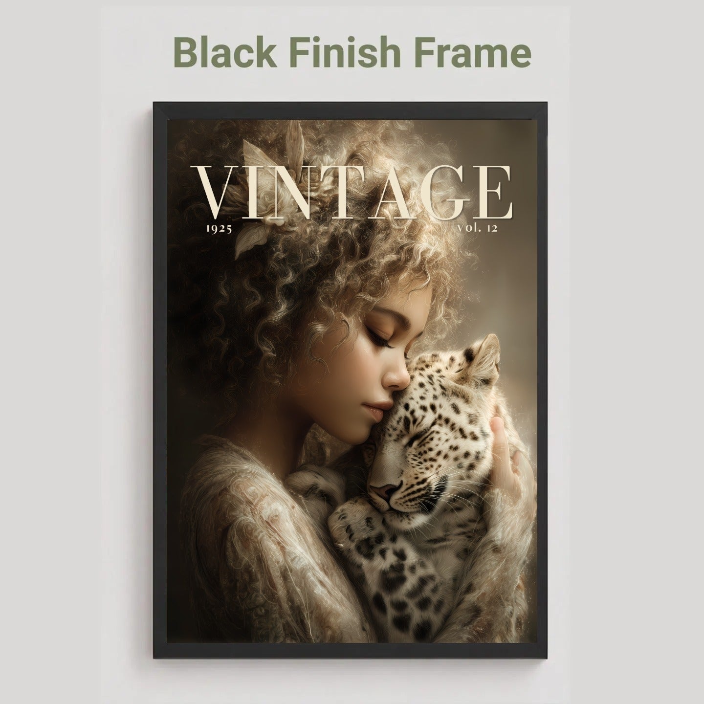 A framed art print featuring a vintage-style portrait of a woman cradling a spotted cat, with the word 'VINTAGE' across the top. The frame is black, and the image is shown against a light gray background with the text 'Black Finish Frame' above it.