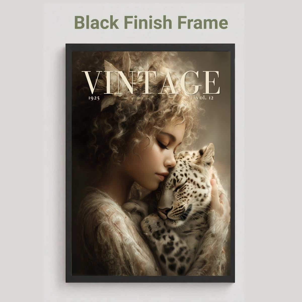 A framed art print featuring a vintage-style portrait of a woman cradling a spotted cat, with the word 'VINTAGE' across the top. The frame is black, and the image is shown against a light gray background with the text 'Black Finish Frame' above it.