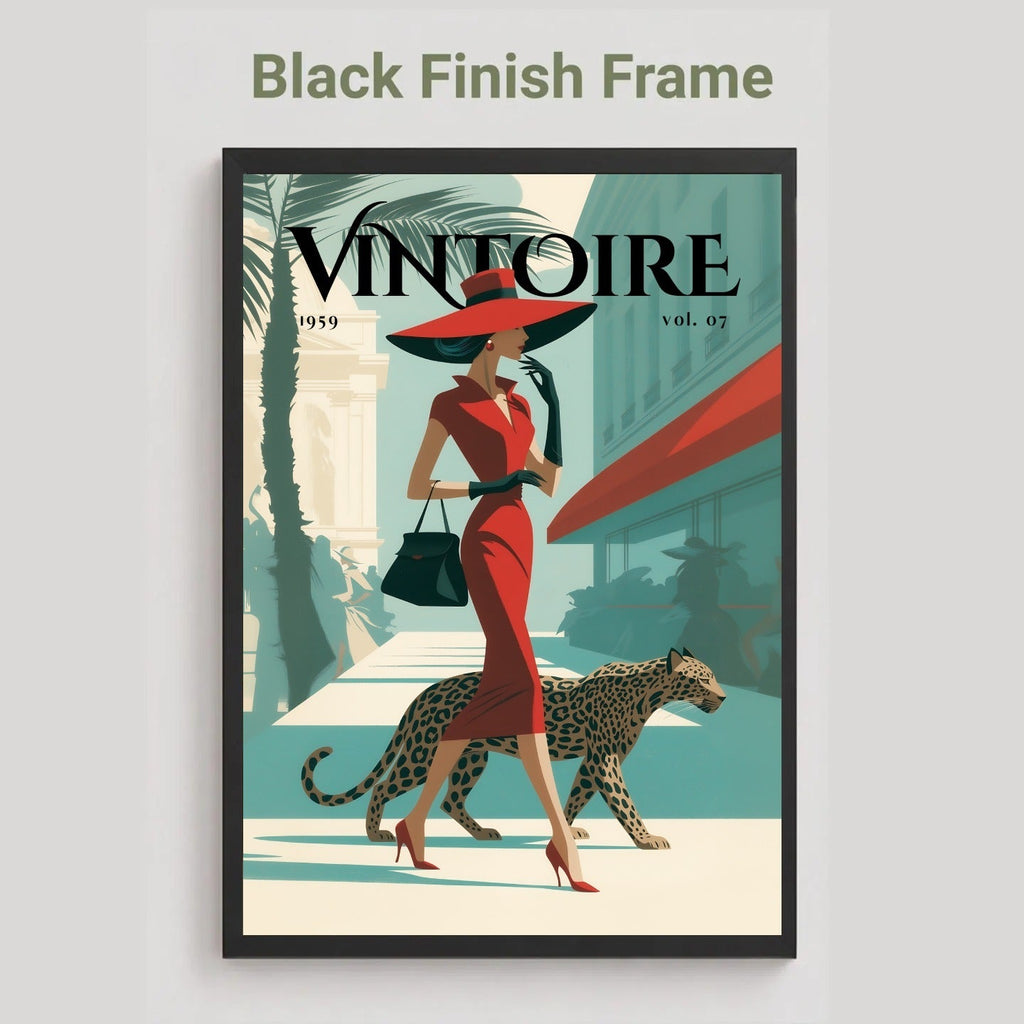 A framed vintage-style poster featuring a woman in a red dress and hat walking with a leopard, with the text 'Black Finish Frame' above it on a light gray background.