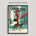 A framed vintage-style poster featuring a woman in a red dress and hat walking with a leopard, with the text 'Black Finish Frame' above it on a light gray background.