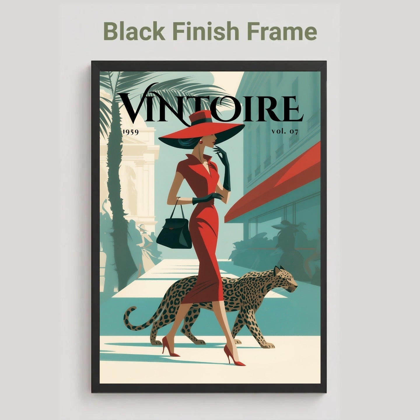 A framed vintage-style poster featuring a woman in a red dress and hat walking with a leopard, with the text 'Black Finish Frame' above it on a light gray background.