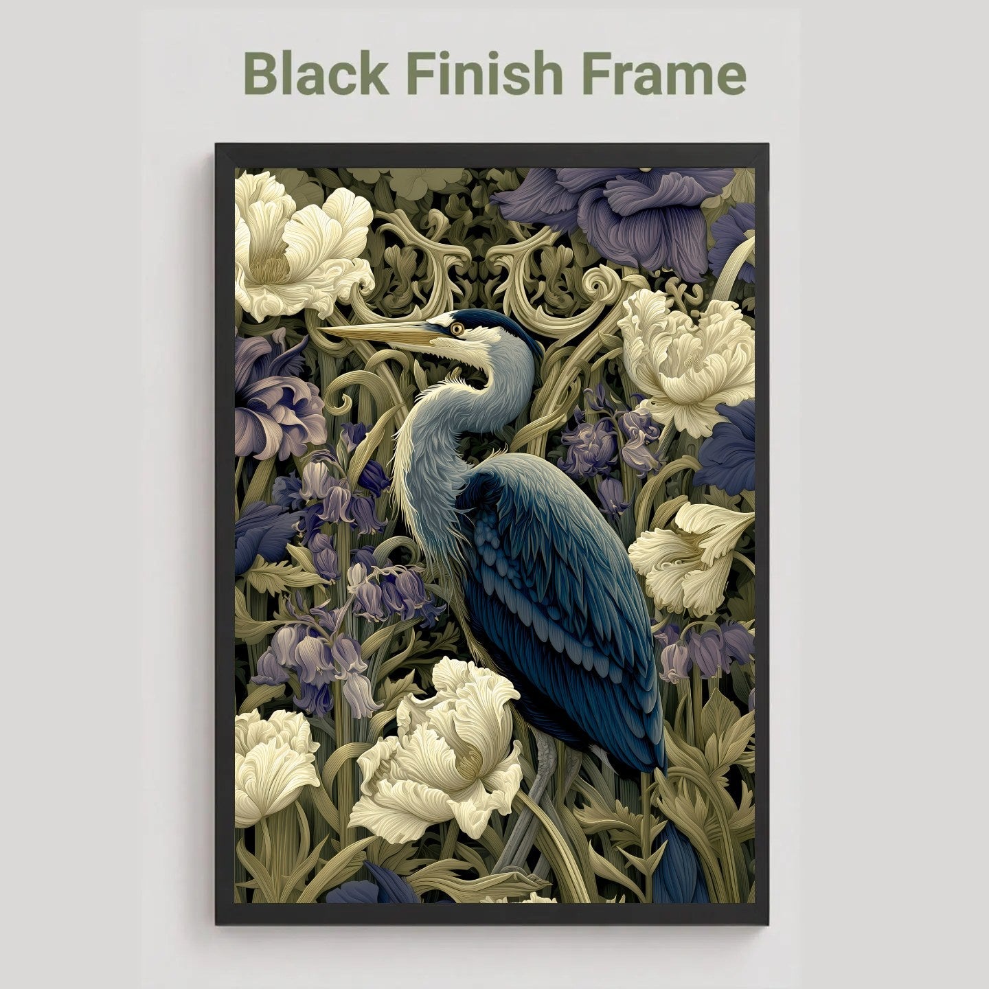 A framed art print featuring a blue heron surrounded by white flowers and purple blossoms, with the text 'Black Finish Frame' above it on a light gray background.