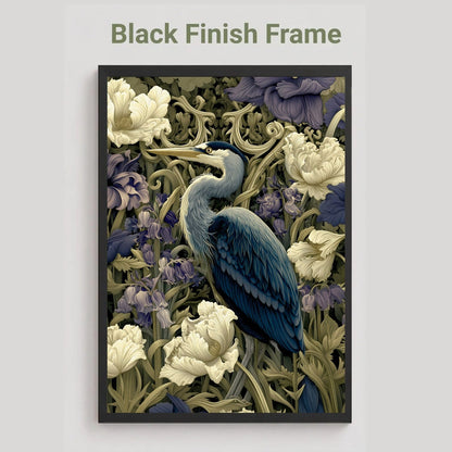 A framed art print featuring a blue heron surrounded by white flowers and purple blossoms, with the text 'Black Finish Frame' above it on a light gray background.