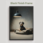 A framed vertical art print featuring a dachshund sitting on a cushion under a hanging lamp, with the text 'Black Finish Frame' above the frame on a light gray background.