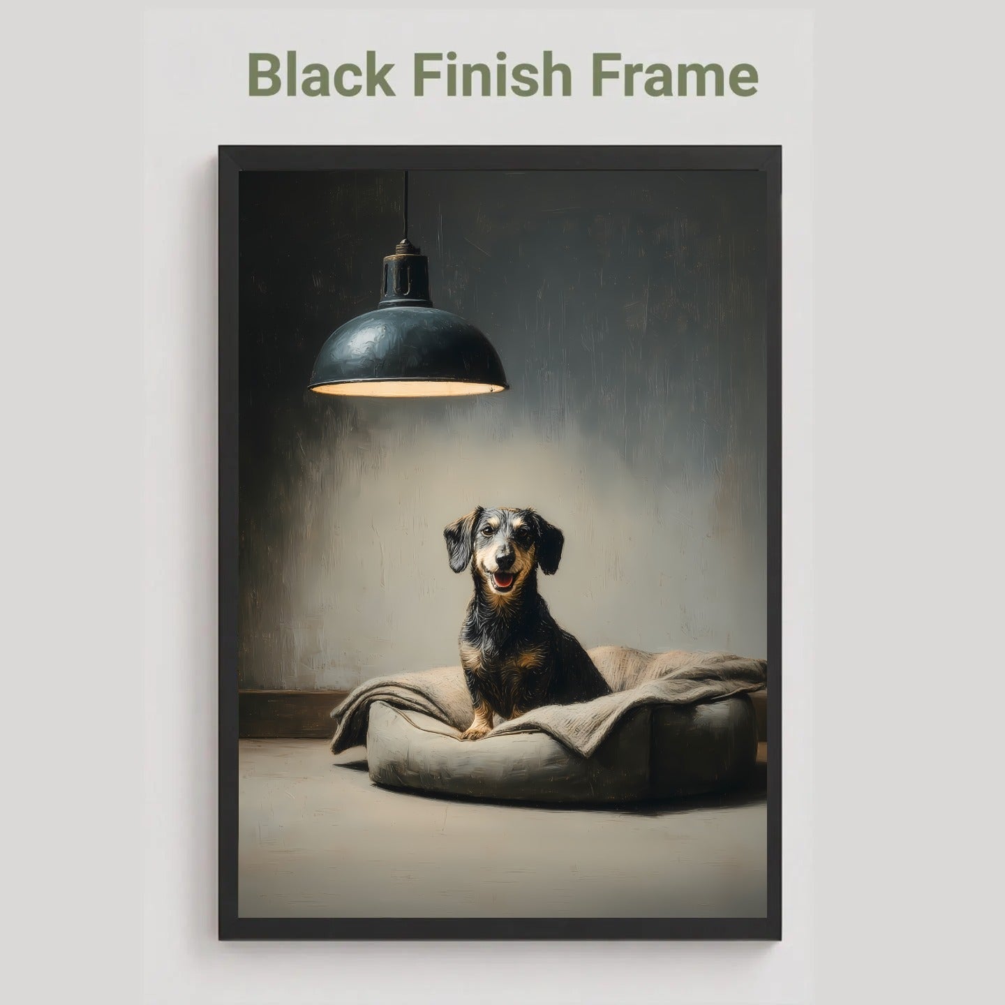 A framed vertical art print featuring a dachshund sitting on a cushion under a hanging lamp, with the text 'Black Finish Frame' above the frame on a light gray background.