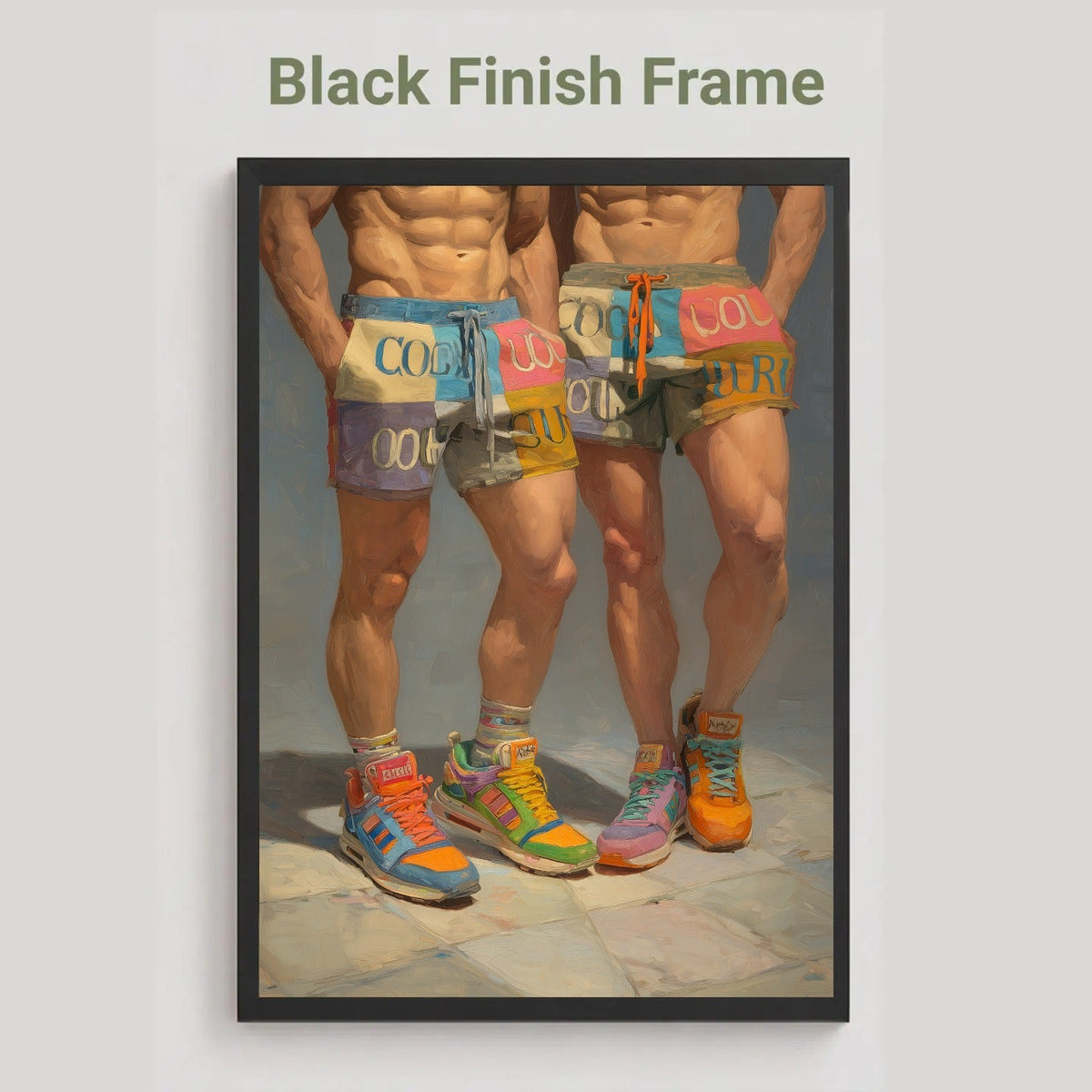 A framed art print featuring a painting of two cropped male figures from the waist down wearing colorful shorts and sneakers, displayed against a light gray background with the text 'Black Finish Frame' above it.