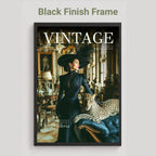 A framed vintage magazine cover poster featuring a woman in a dark blue dress and hat with a leopard on a blue sofa, displayed against a light gray background with the text 'Black Finish Frame' above it.