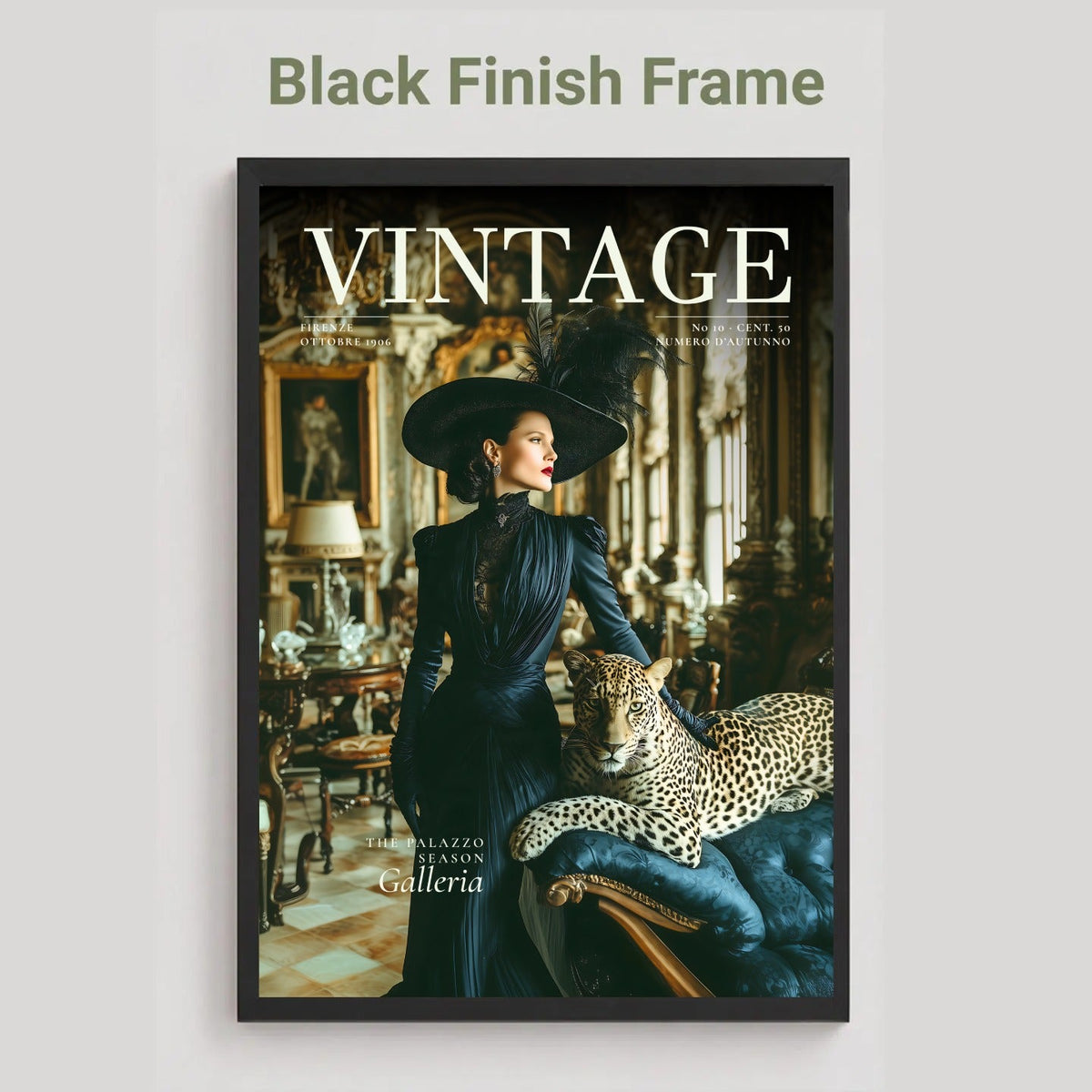 A framed vintage magazine cover poster featuring a woman in a dark blue dress and hat with a leopard on a blue sofa, displayed against a light gray background with the text 'Black Finish Frame' above it.